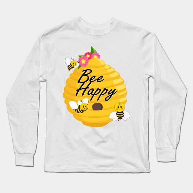 Bee happy with bees, a beehive and flowers Long Sleeve T-Shirt by pickledpossums